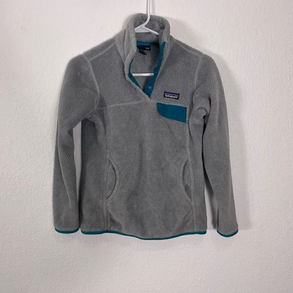 Patagonia Grey with Teal Green Fleece Quarter Snap Pullover Sweatshirt XS